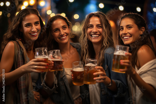 group of female cheering and drinking beer at bar pub table -Happy young friends enjoying