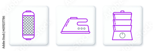 Set line Double boiler, Stereo speaker and Electric iron icon. Vector