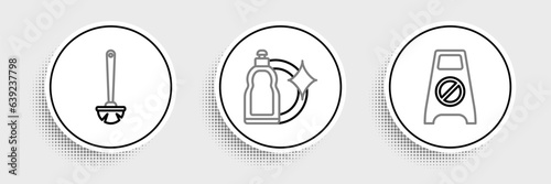 Set line Wet floor and cleaning in progress, Toilet brush and Plastic bottles for liquid dishwashing liquid icon. Vector
