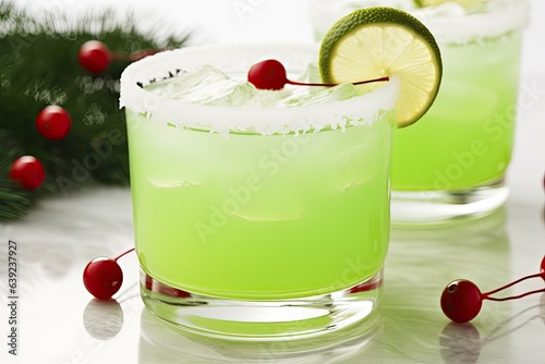 Xmas Grinch Punch in glass decorated berries on white table make of cool lime sherbet. Close up. Tasty beverage for Christmas holiday. Copy space. Generative AI.
