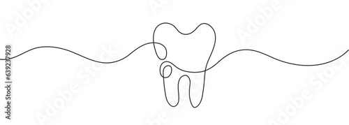 Tooth icon vector in continuous line drawing style. Caries, tartar or tooth cyst treatment icon vector. Dental crown and filling, whitening of teeth.