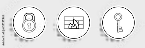 Set line Key, Lock and Firewall, security wall icon. Vector