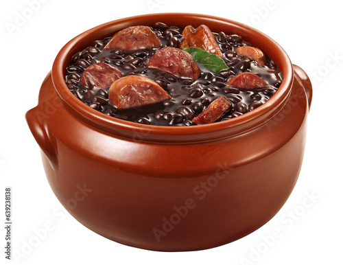 cumbuca de barro com receita de feijoada brasileira de carne suína isolado em fundo transparente - feijão preto carne de porco photo