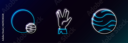 Set line Planet, and Vulcan salute icon. Glowing neon. Vector