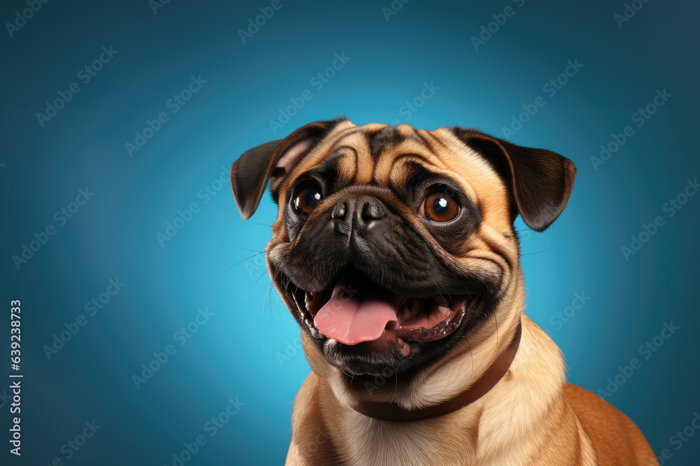 a smiling pug on isolate dark background
