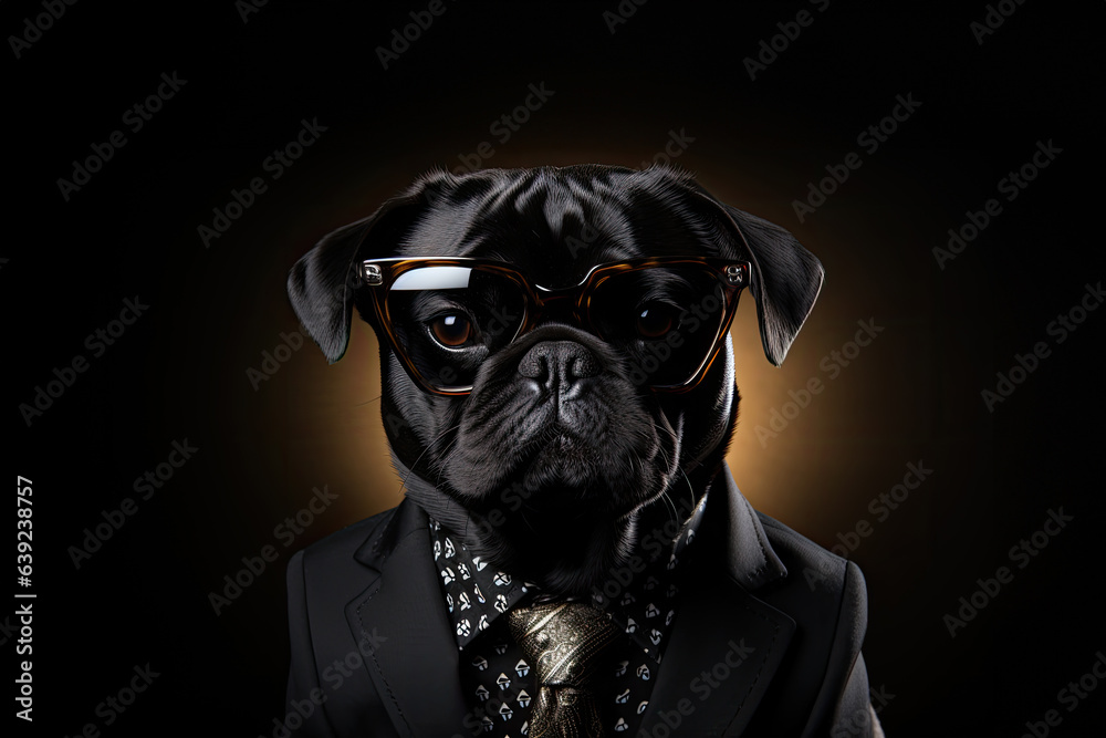 a smiling pug wearing business suit, standing on isolate dark background, sunglasses