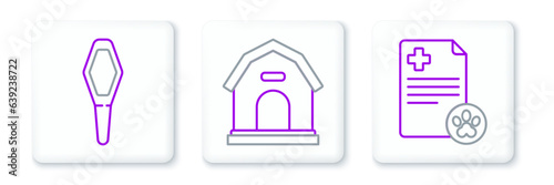 Set line Clipboard with medical clinical record pet, Pets vial and Dog house icon. Vector