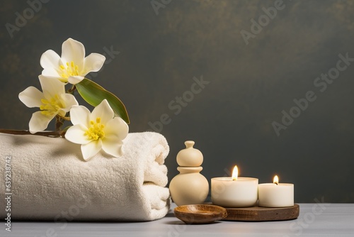 Towel on fern with candles and black hot stone on wooden background. Beauty spa