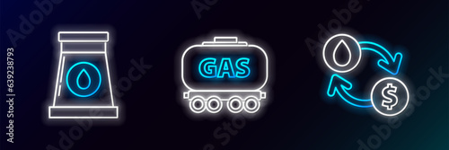 Set line Oil exchange, water transfer, convert, and gas industrial factory building and Gas railway cistern icon. Glowing neon. Vector