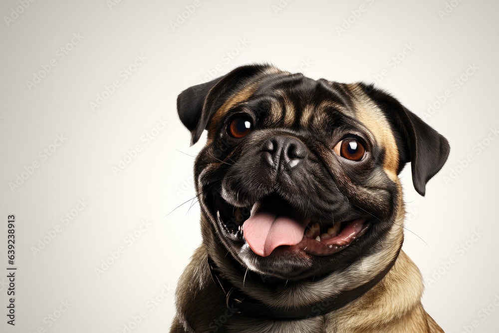 a smiling pug jumping on isolate white background