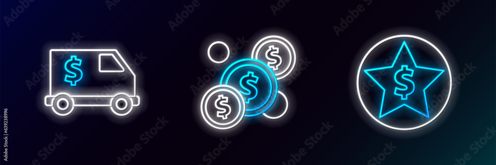 Set line Star and dollar, Armored truck and Coin money with icon. Glowing neon. Vector Set line Star and dollar, Armored truck and Coin money with icon. Glowing neon. Vector
