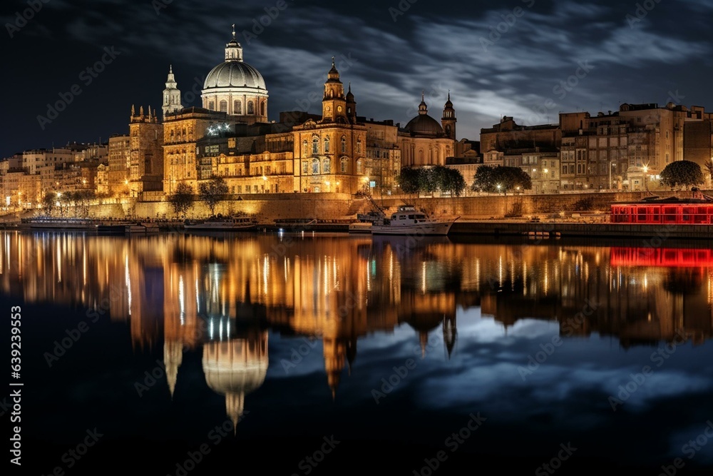 Night view of Valletta's old town and harbor with beautiful reflections in the water. Generative AI