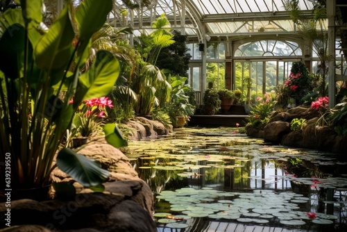 Sunny day view of Kew Garden's tropical greenhouse in England. Generative AI photo