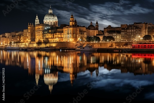 Night view of Valletta s old town and harbor with beautiful reflections in the water. Generative AI
