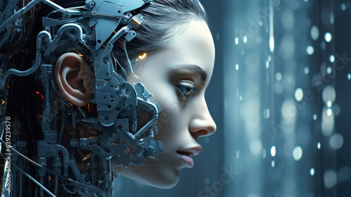 Young female humanoid head is connected to a super computer  symbolizing artificial intelligence. Futuristic illustration of the relationship between humans and neural networks. Copy space