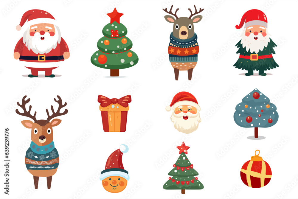 Santa Claus and deers Christmas set, cute Santa Claus, happy New Year gifts, christmas tree, vector illustration in flat style, vector Christmas icon set.