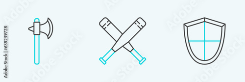 Free Download Set line Shield, Medieval axe and Crossed baseball bat icon. Vector - GFXLoad