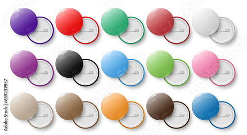 Circle button badge. Round pinned badges tag, metal pinback buttons and colorful pin label. Glossy plastic button, realistic brooch pins. Colorful isolated vector mockup icons set