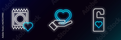 Set line Please do not disturb with heart, Condom in package and Heart hand icon. Glowing neon. Vector