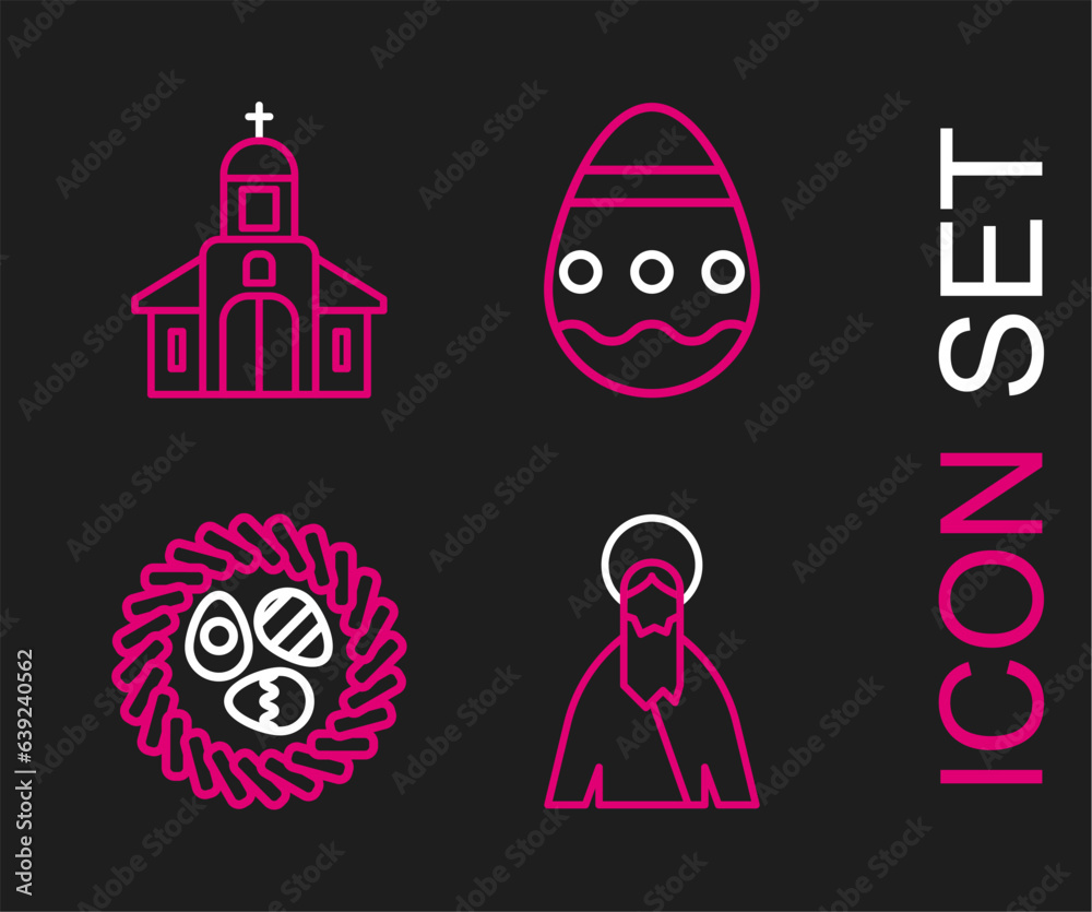 Set line Jesus Christ, Easter egg in a wicker nest, and Church building icon. Vector Set line Jesus Christ, Easter egg in a wicker nest, and Church building icon. Vector