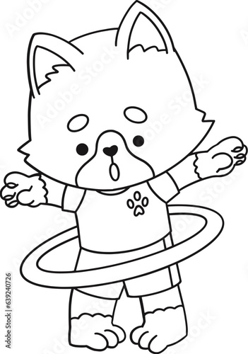 Cute corgi dog playing hulahoop, kids coloring page
