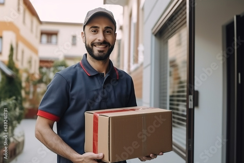 A smiling young courier in uniform delivers a package. Generative AI © Irina