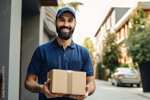 A smiling young courier in uniform delivers a package. Generative AI