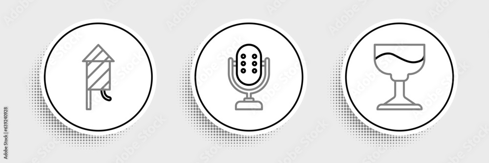 Set line Cocktail, Firework rocket and Microphone icon. Vector Set line Cocktail, Firework rocket and Microphone icon. Vector