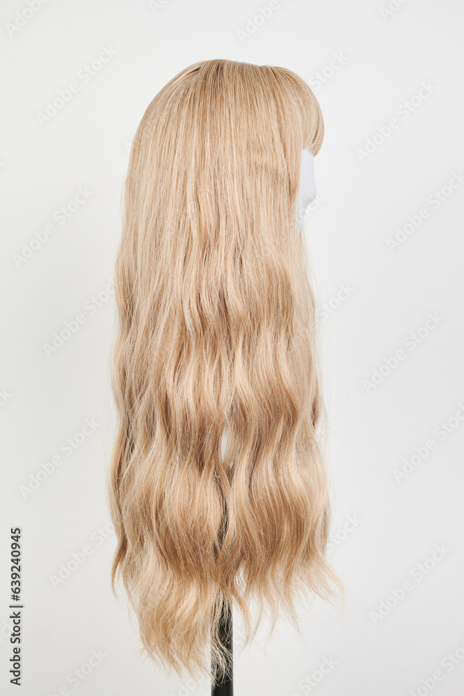 Natural looking blonde wig on white mannequin head. Long hair on the plastic wig holder isolated on white background, side view. Natural looking blonde wig on white mannequin head. Long hair on the plastic wig holder isolated on white background, side view.