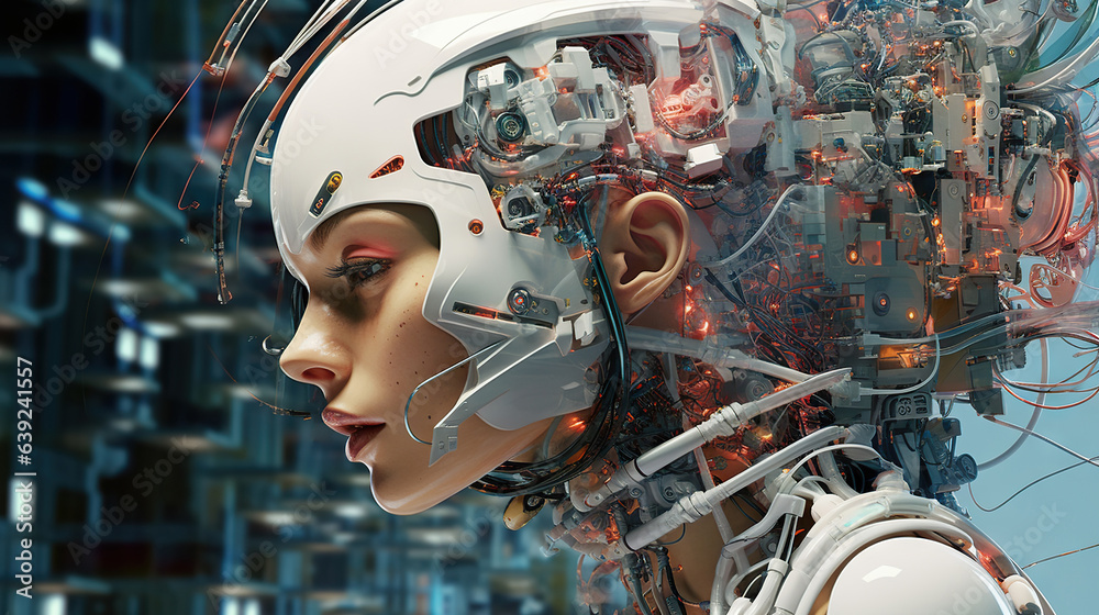 Young female humanoid head is connected to a super computer, symbolizing artificial intelligence. Futuristic illustration of the relationship between humans and neural networks. Copy space Young female humanoid head is connected to a super computer, symbolizing artificial intelligence. Futuristic illustration of the relationship between humans and neural networks. Copy space