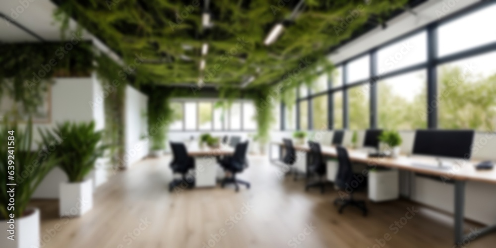 Blurred sustainable green office interior, business background, Sustainable business concept