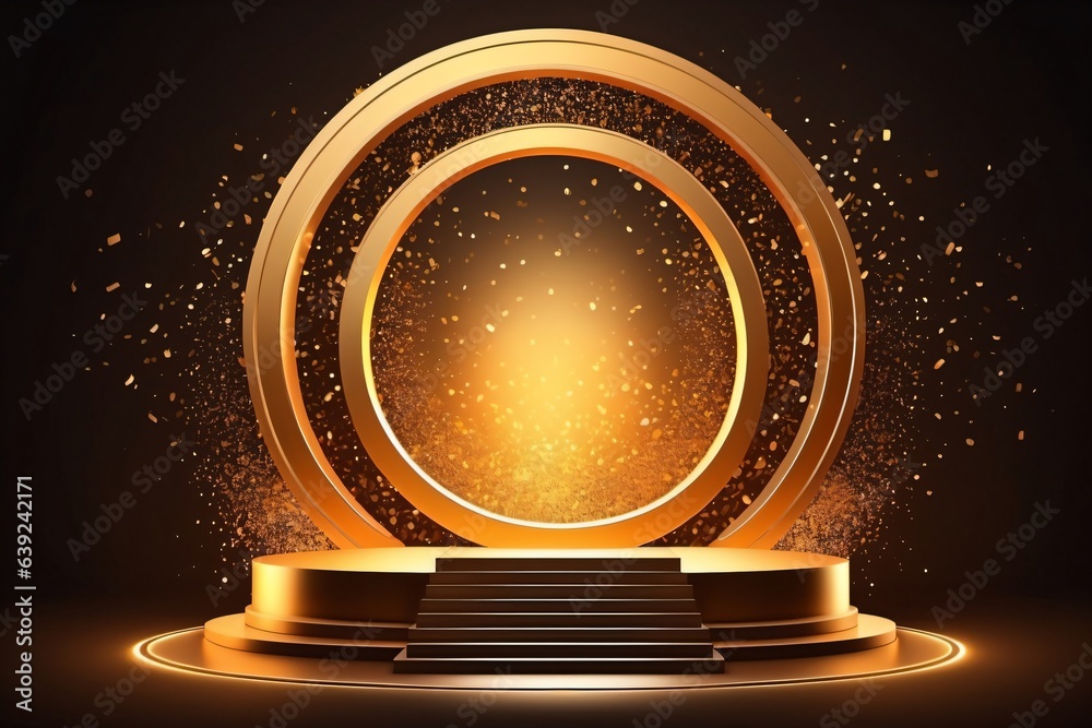 Erster Platz. Goldenes Podium mit gold Flakes und gold glänzender Grafik. Erster Platz. Goldenes Podium mit gold Flakes und gold glänzender Grafik.