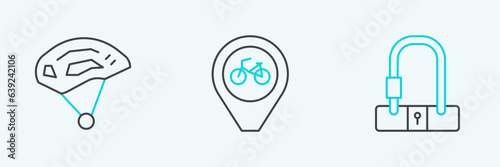 Set line Bicycle lock, helmet and Location with bicycle icon. Vector