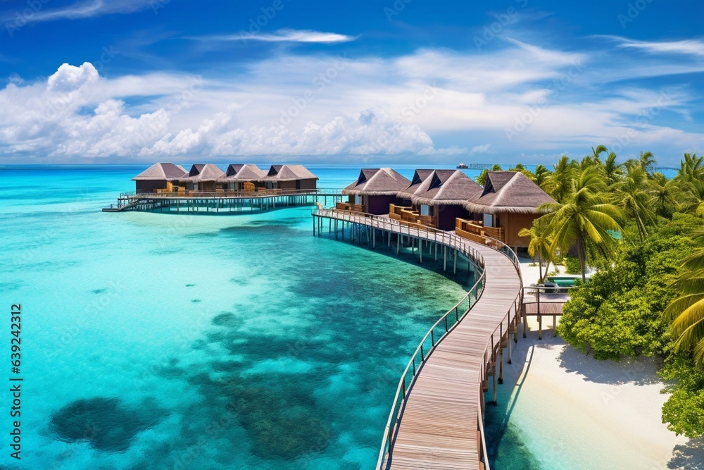 Bird's-eye view of a Maldives island with water villas, wooden pier and stunning sky and ocean lagoon beach backdrop. Perfect for a summer vacation in paradise. Generative AI