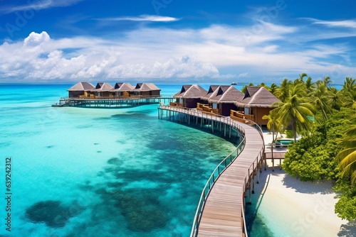 Bird s-eye view of a Maldives island with water villas  wooden pier and stunning sky and ocean lagoon beach backdrop. Perfect for a summer vacation in paradise. Generative AI