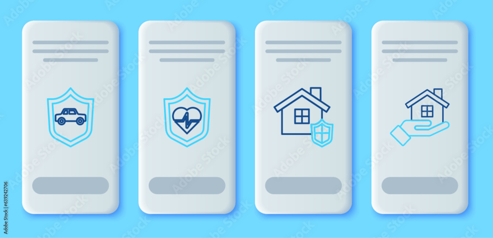 Set line Life insurance with shield, House, Car and hand icon. Vector