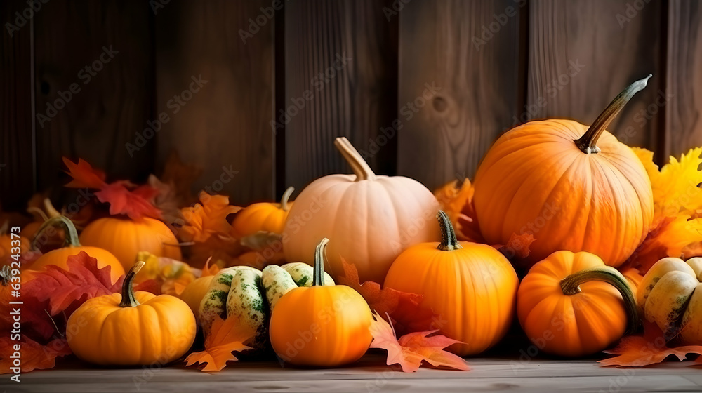 Festive thanksgiving decor of pumpkins, berries and leaves on a wooden background with copy space for text