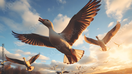 Foto Birds of freedom wildlife geese flock in the sky.