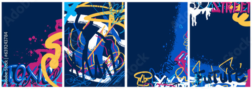 Graffiti poster set collection. Street art with splashes of paint, inscriptions, scribble and space for text Vector illustration