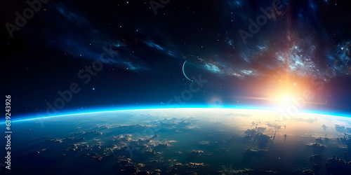 Panoramic view of the Earth, sun, star and galaxy. Sunrise over planet Earth