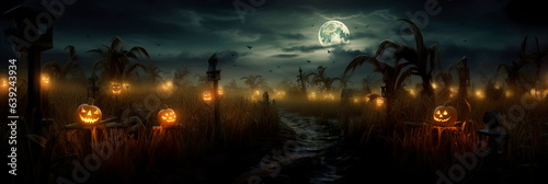 A sprawling  haunted cornfield maze with eerie scarecrows  dimly lit lanterns  and hidden surprises lurking in the shadows.