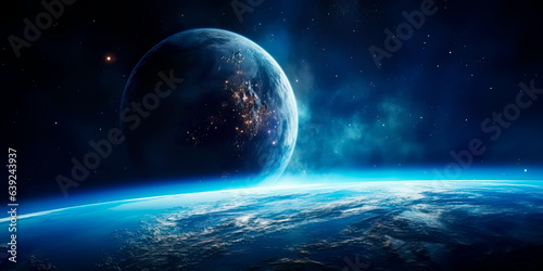 Planet Earth in dark outer space. View of the earth from the moon