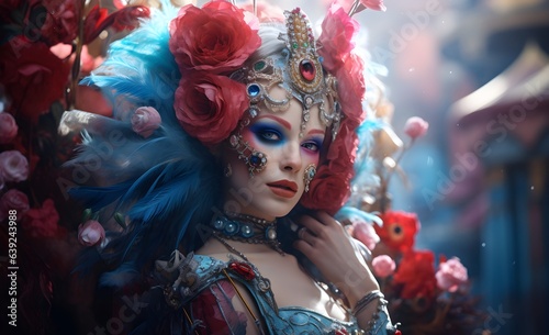 portrait of a woman in a flamboyant costume at the carnival of Venice, Italy, mask, natural flowers, feathers, luxury, Venice copyspace, pink and blue,AI generated