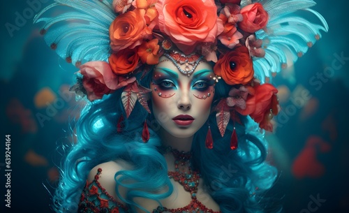 portrait of a woman in a flamboyant costume at the carnival of Venice, Italy, mask, natural flowers, feathers, luxury, Venice copyspace, pink and blue,AI generated