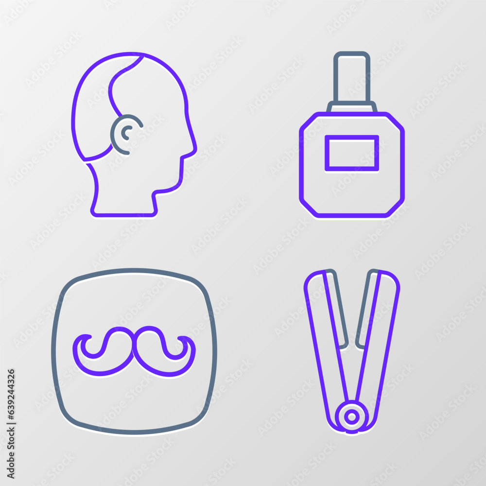 Set line Curling iron for hair, Barbershop, Aftershave and Baldness icon. Vector Set line Curling iron for hair, Barbershop, Aftershave and Baldness icon. Vector
