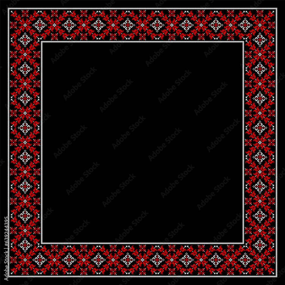 Obraz premium Vector illustration of Ukrainian ornament in ethnic floral style, identity, vyshyvanka, embroidery for print clothes, websites, banners. Background. Geometric design