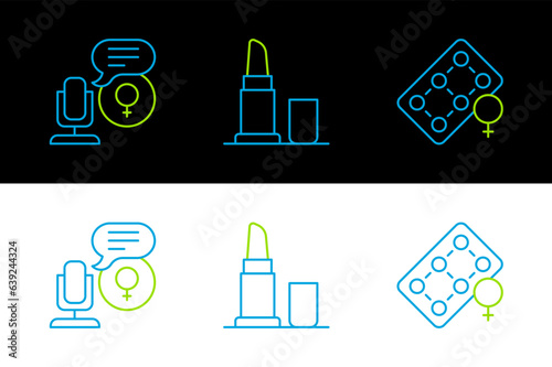 Set line Packaging of birth control pills, Microphone and Lipstick icon. Vector