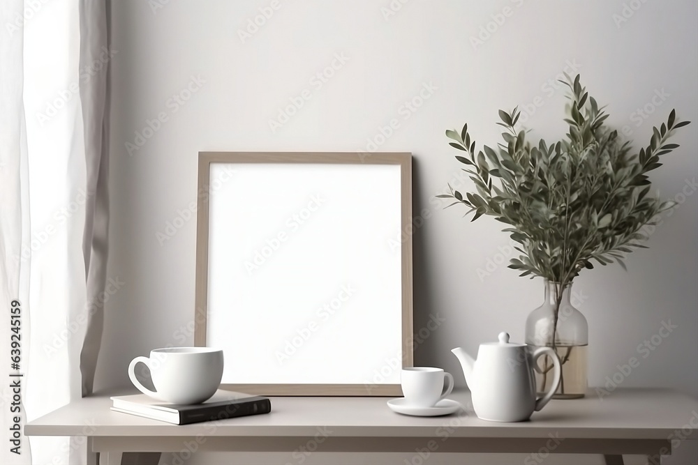 Breakfast still life. Cup of coffee, books and empty picture frame mockup on wooden desk, table. Vase with olive branches. Elegant working space, home office concept. Scandinavian interior design. Breakfast still life. Cup of coffee, books and empty picture frame mockup on wooden desk, table. Vase with olive branches. Elegant working space, home office concept. Scandinavian interior design.
