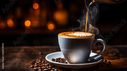 A cup filled with coffee next to some coffee beans.