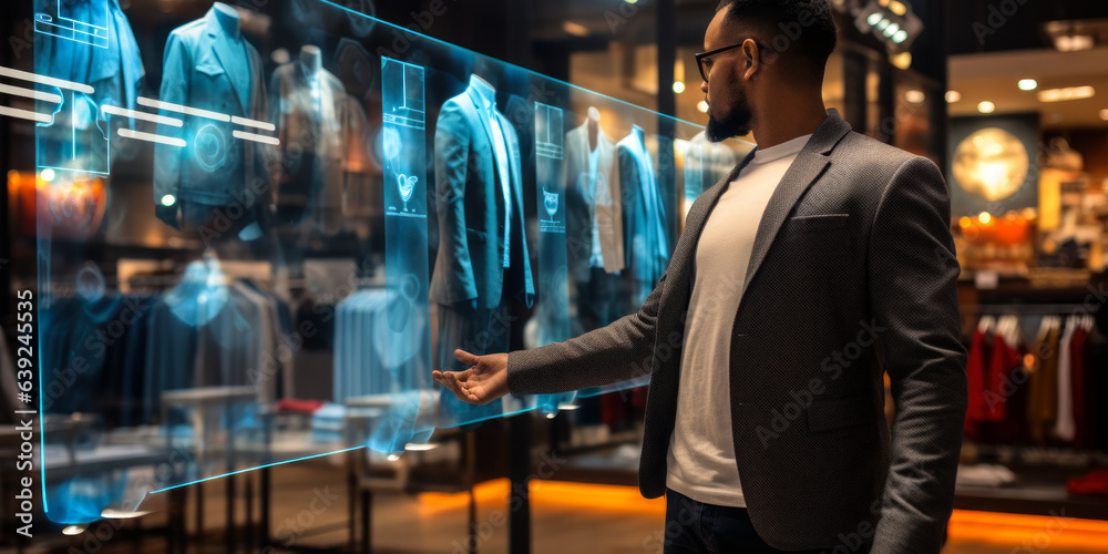 A Futuristic Retail Experience: Man Uses Smart Display to Try on Clothes Virtually A Futuristic Retail Experience: Man Uses Smart Display to Try on Clothes Virtually